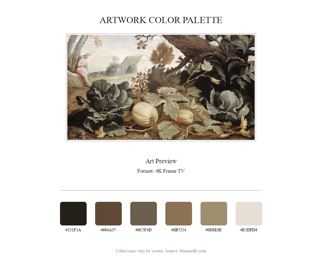 Abraham Bloemaert, Landschap met groenten en vruchten op de voorgrond – curated color palette inspired by the original artwork, ideal for home decor coordination.