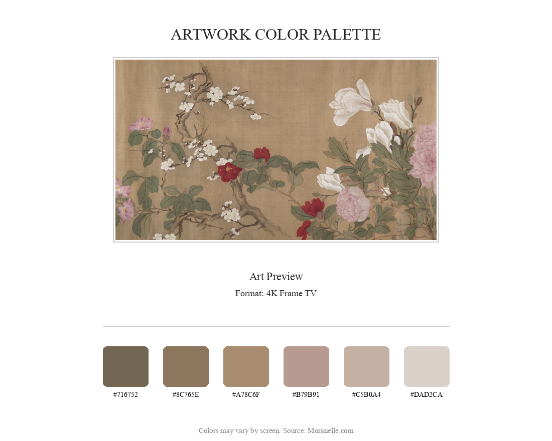 After Yun Shouping, One Hundred Flowers – curated color palette inspired by the original artwork, ideal for home decor coordination.
