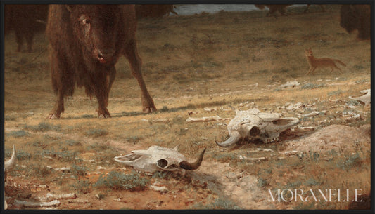 Buffalo Hunt Painting details showing buffalo skulls on the ground.
