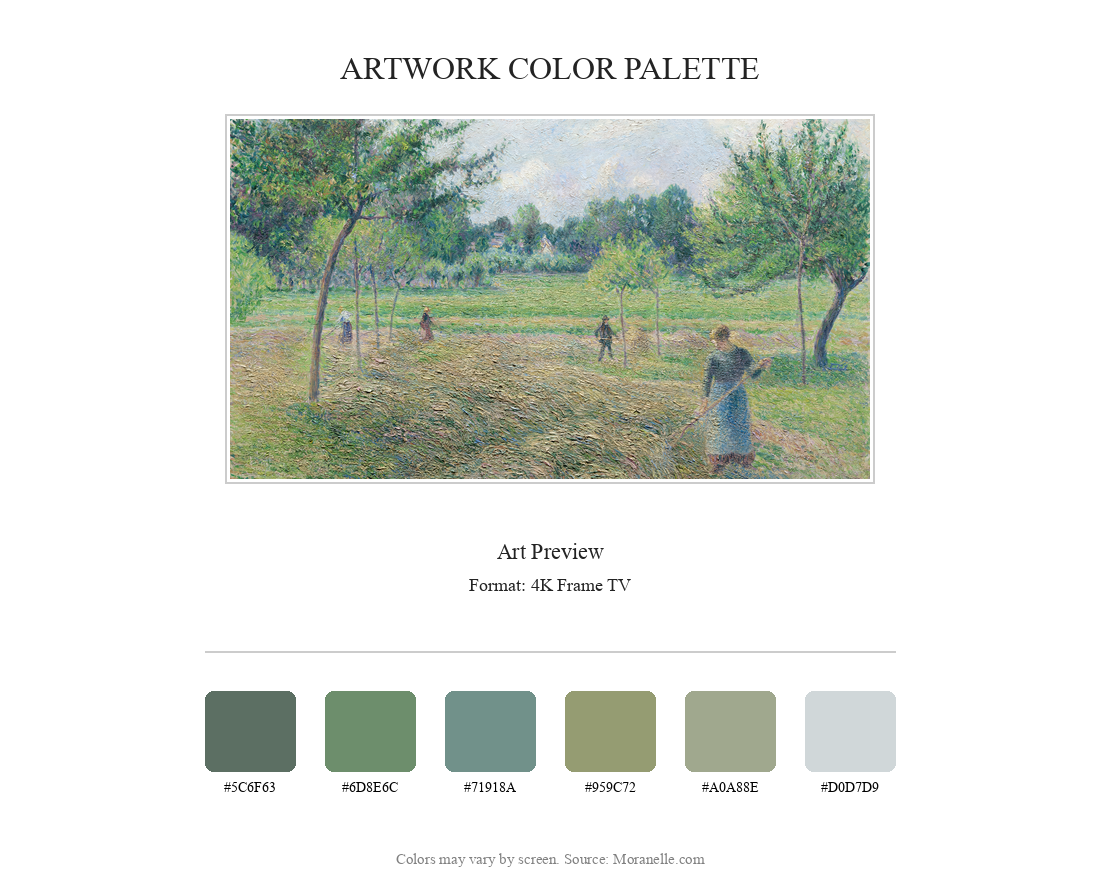 Camille Pissarro, Fenaison à Éragny – curated color palette inspired by the original artwork, ideal for home decor coordination.