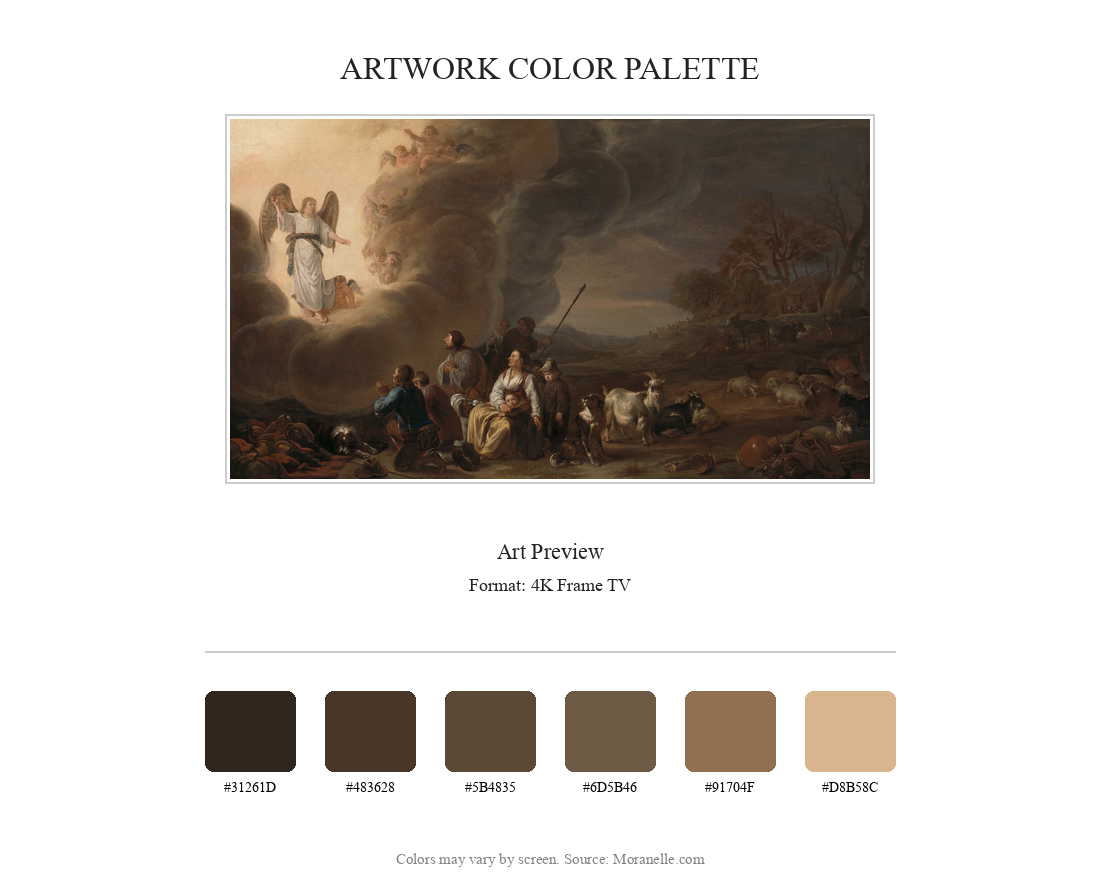 Cornelis Saftleven, The Annunciation to the Shepherd – curated color palette inspired by the original artwork, ideal for home decor coordination.