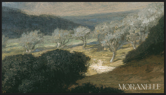 Elihu Vedder Storm In Umbria Painting details featuring muted green trees and a low sky.