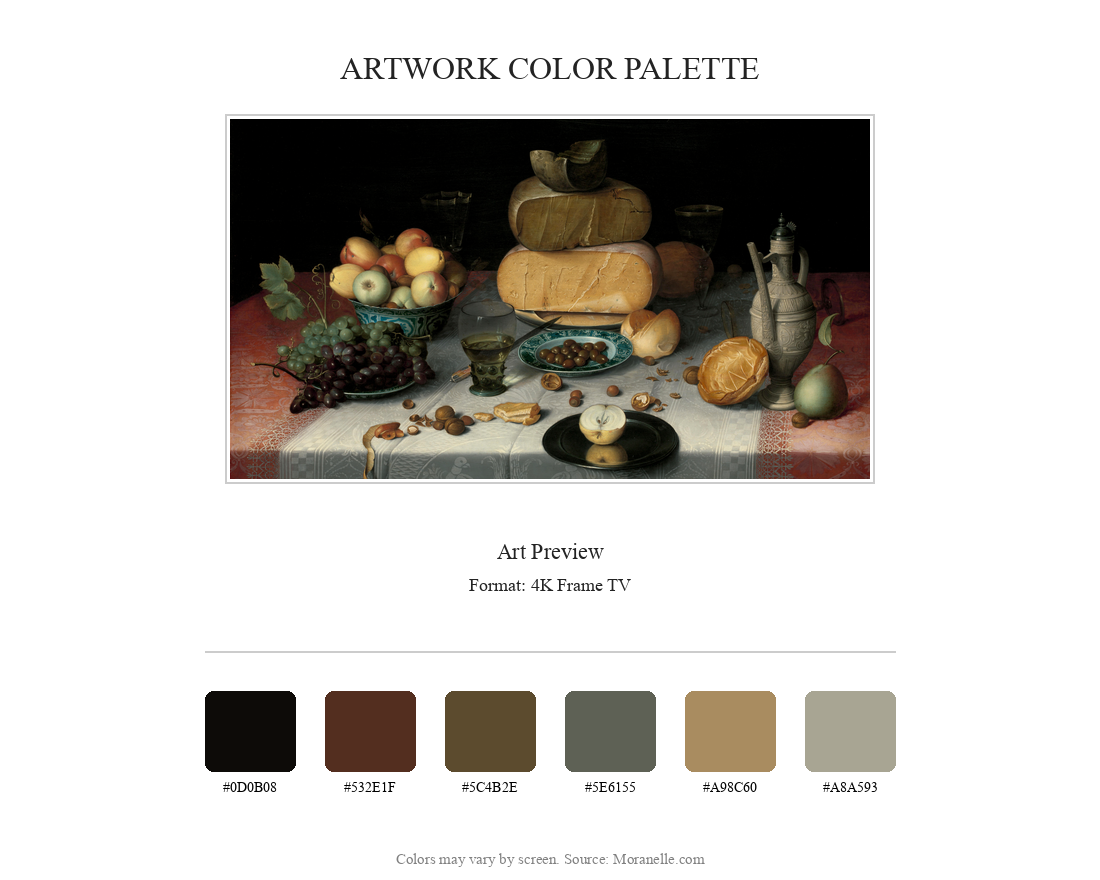 Floris van Dyck, Still Life with Cheese – curated color palette inspired by the original artwork, ideal for home decor coordination.