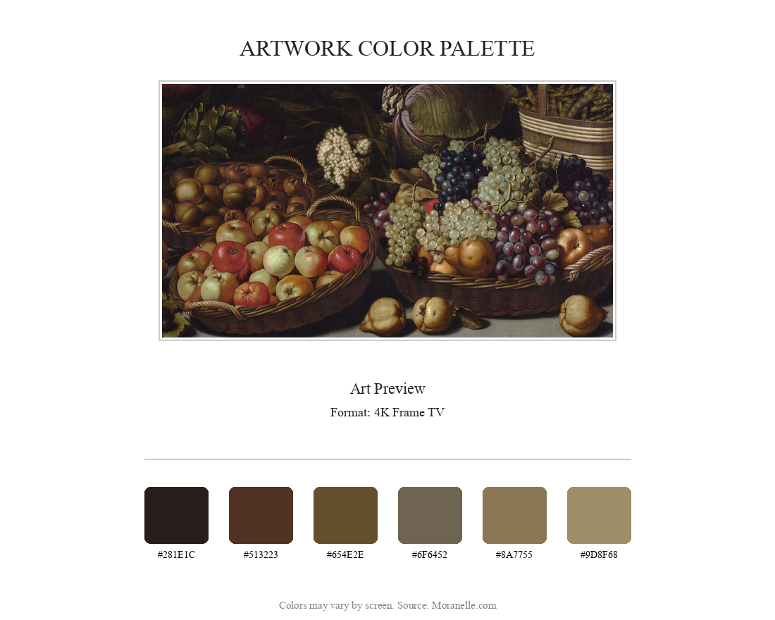 Floris van Schooten, Still life with fruits and vegetables with Christ in Emmaus – curated color palette inspired by the original artwork, ideal for home decor coordination.