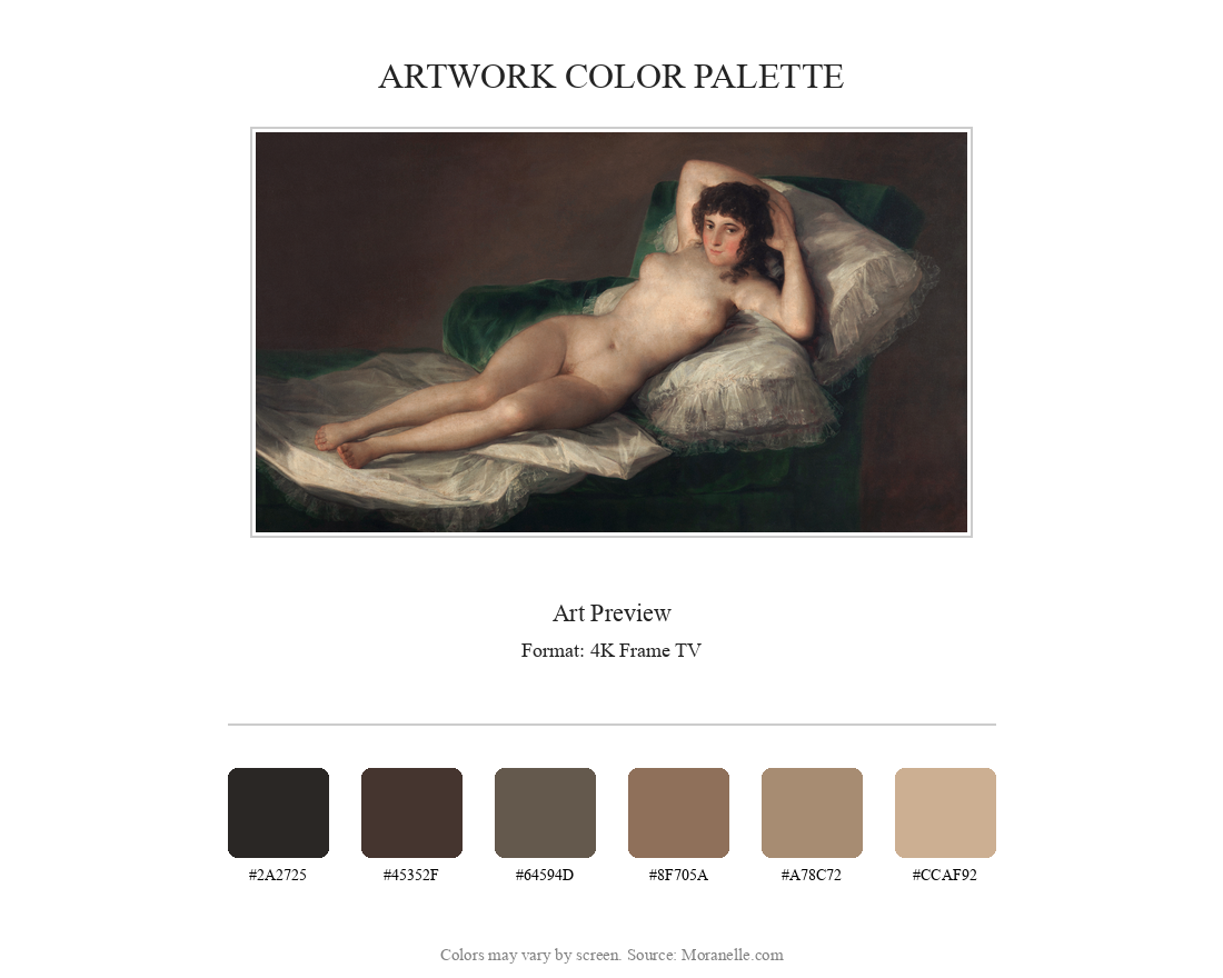 Francisco de Goya, La Maja Desnuda – curated color palette inspired by the original artwork, ideal for home decor coordination.