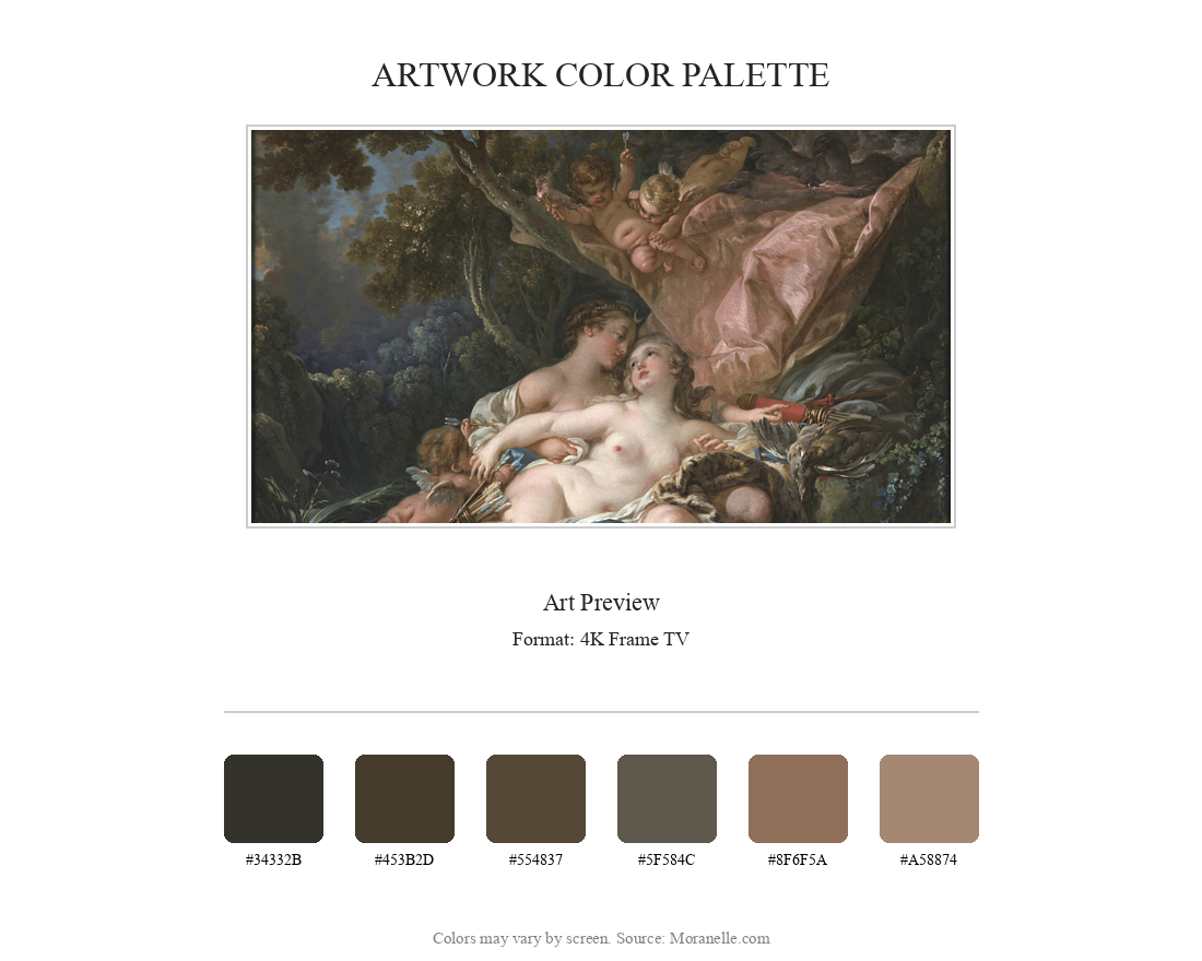 François Boucher, La Nymphe Callisto, séduite par Jupiter sous les traits de Diane – curated color palette inspired by the original artwork, ideal for home decor coordination.
