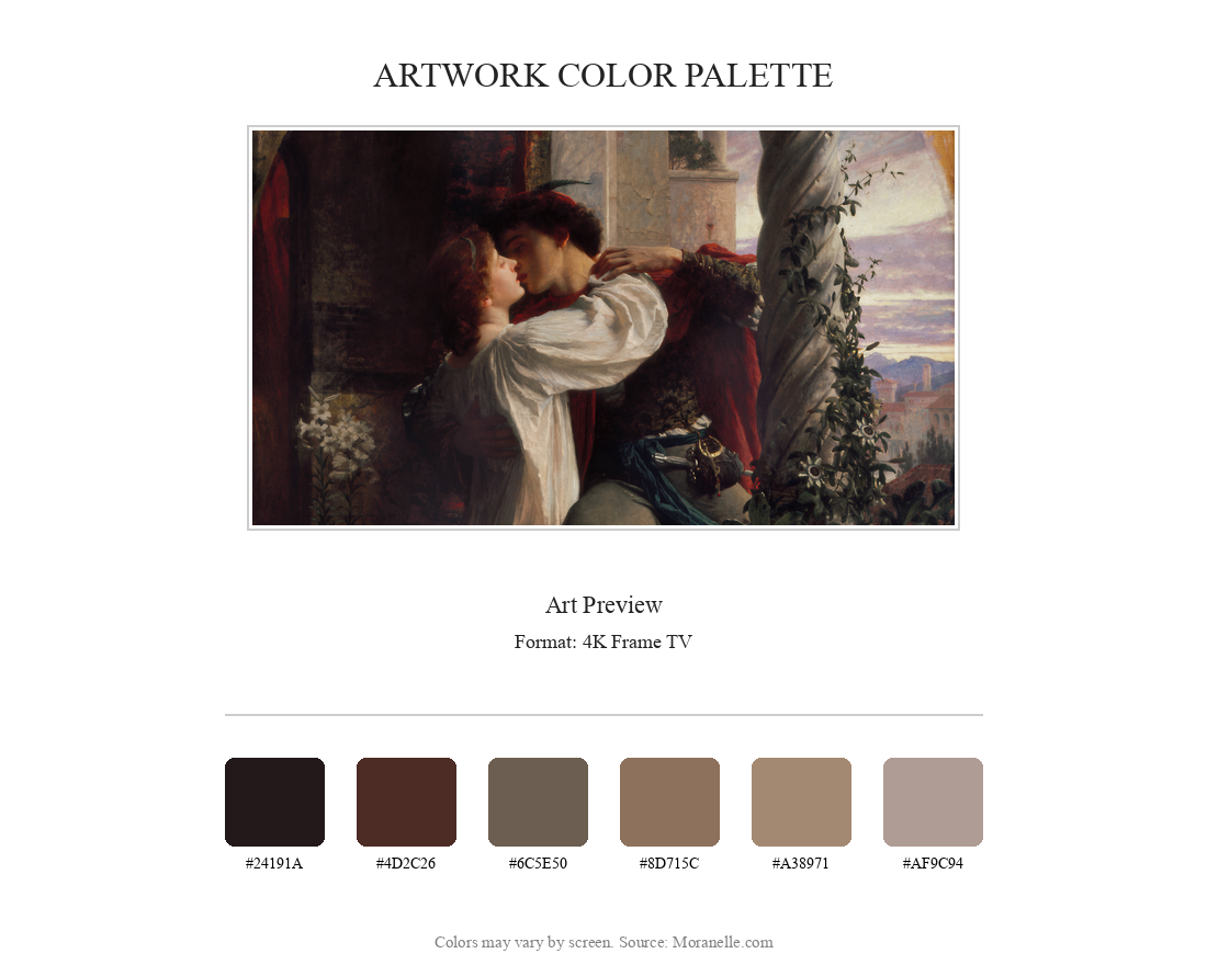 Frank Bernard Dicksee Romeo and Juliet - curated color palette inspired by the original artwork, ideal for home decor coordination.