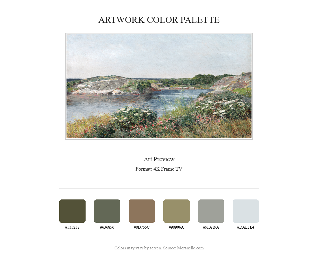 Frederick Childe Hassam, The Little Pond, Appledore – curated color palette inspired by the original artwork, ideal for home decor coordination.
