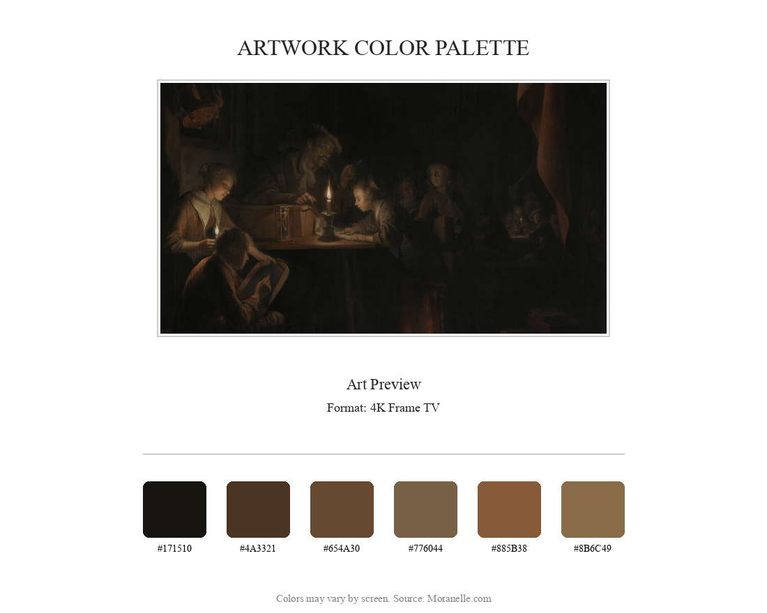 Gérard Dou, L'École de nuit – curated color palette inspired by the original artwork, ideal for home decor coordination.