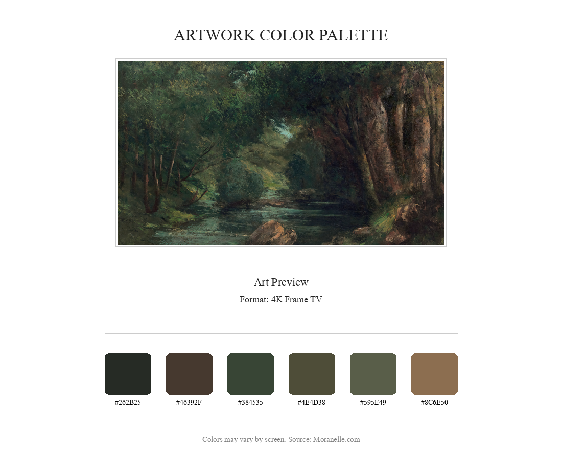 Gustave Courbet, Un Ruisseau dans la Forêt – curated color palette inspired by the original artwork, ideal for home decor coordination.