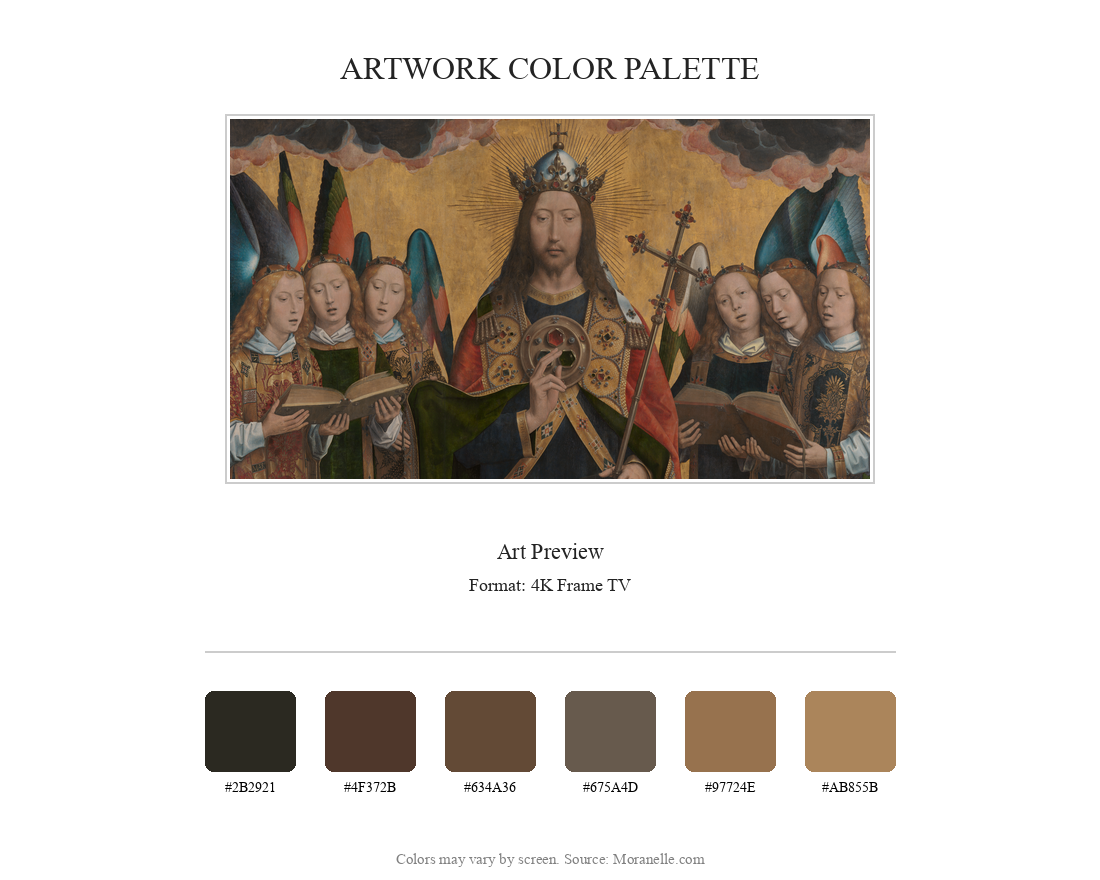 Hans Memling, Christus met zingende en musicerende engelen – curated color palette inspired by the original artwork, ideal for home decor coordination.