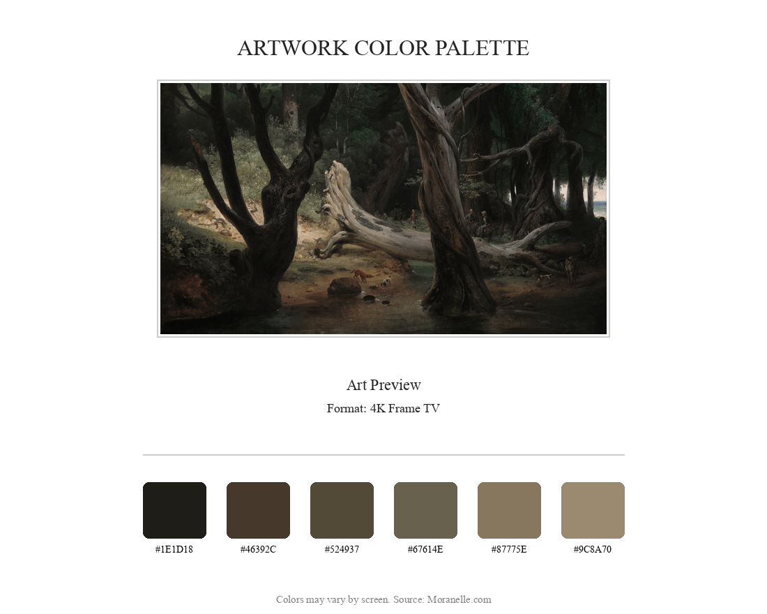 Color palette featuring deep greens, browns, and hints of light yellow.