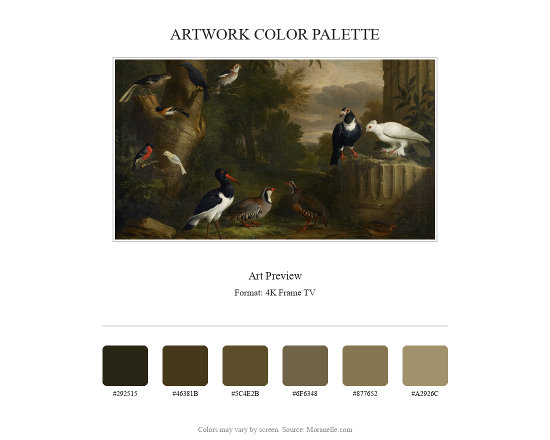 Jakob Bogdani Birds in a Landscape - curated color palette inspired by the original artwork, ideal for home decor coordination.