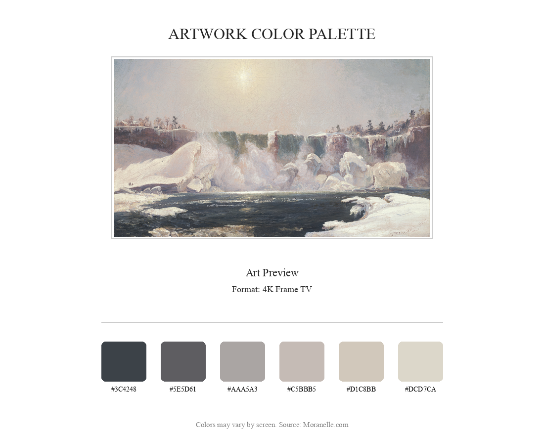 Jasper Francis Cropsey, Niagara Falls in Winter – curated color palette inspired by the original artwork, ideal for home decor coordination.