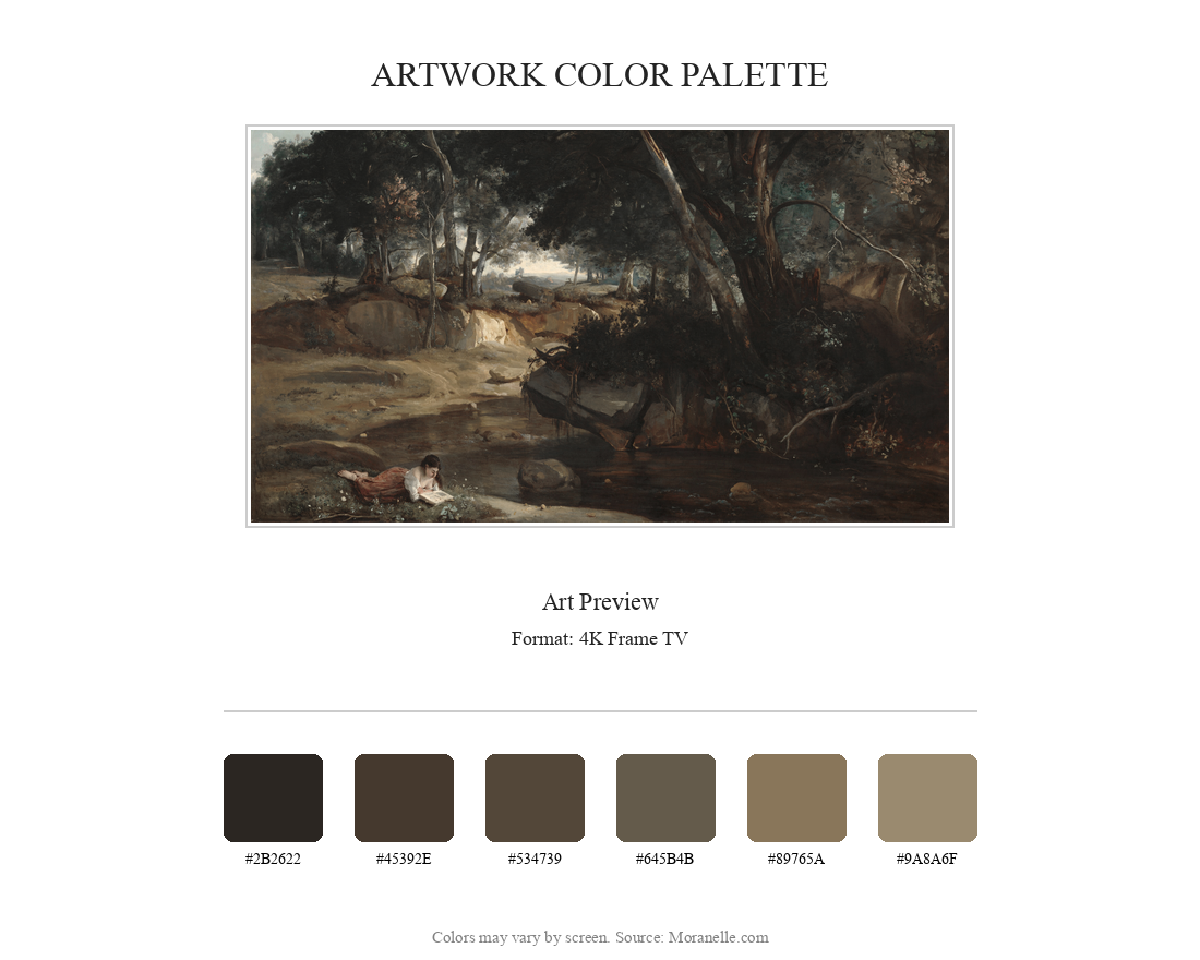 Color palette featuring deep greens, soft browns, and hints of light blue.