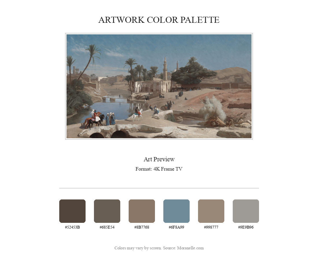 Jean-Léon Gérôme, Vue de Medinet El-Fayoum – curated color palette inspired by the original artwork, ideal for home decor coordination.