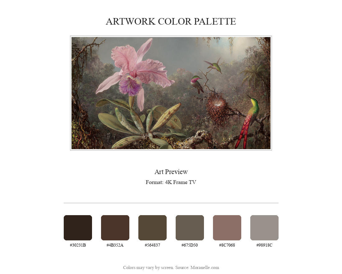 Martin Johnson Heade, Cattleya Orchid and Three Hummingbirds – curated color palette inspired by the original artwork, ideal for home decor coordination.