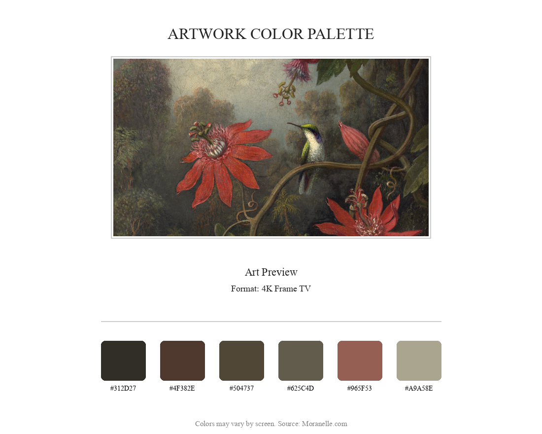 Martin Johnson Heade Hummingbird and Passionflowers - curated color palette inspired by the original artwork, ideal for home decor coordination.