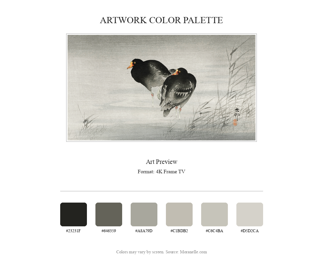 Ohara Koson, Two Moorhens - curated color palette inspired by the original artwork, ideal for home decor coordination.