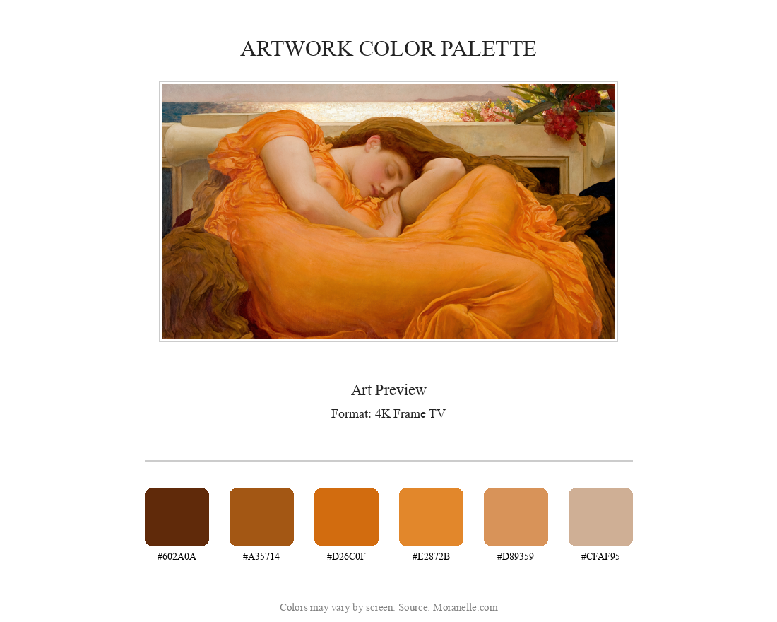 Sir Frederic Leighton, Flaming June – curated color palette inspired by the original artwork, ideal for home decor coordination.