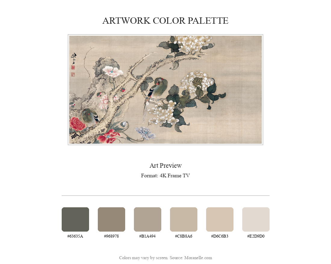 Sō Shiseki, Parakeets among Hydrangeas and Poppies – curated color palette inspired by the original artwork, ideal for home decor coordination.