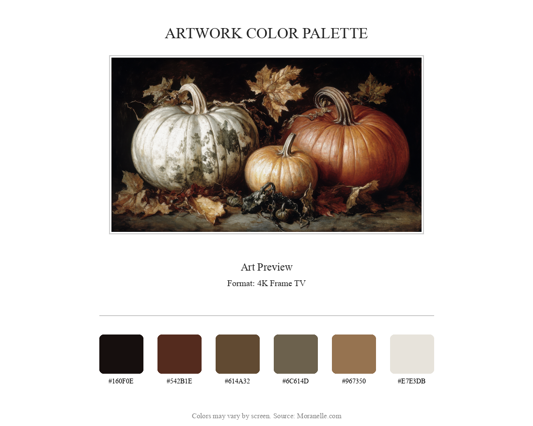 Color palette featuring orange, white, and brown tones from the pumpkins and leaves.