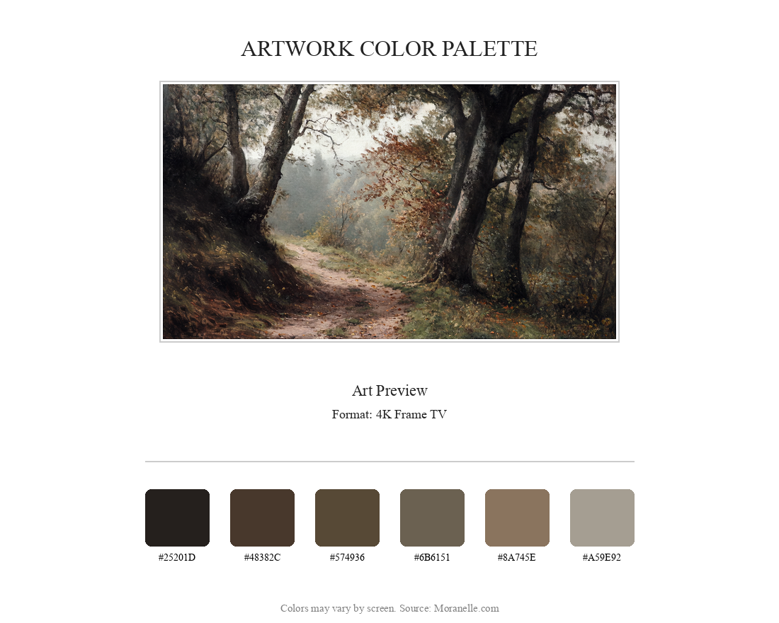 Color palette featuring earthy tones like green, brown, and hints of orange.