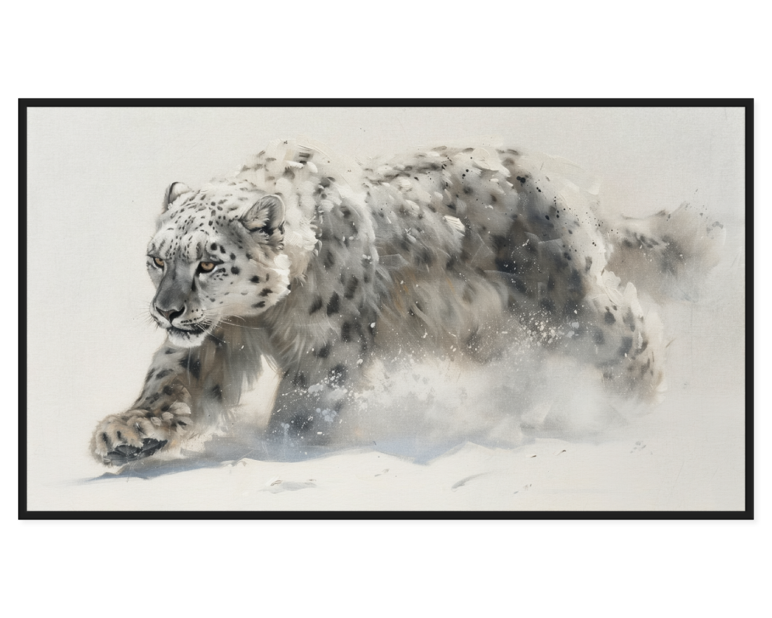 Snow Leopard Painting depicting a snow leopard in motion across a snowy landscape.