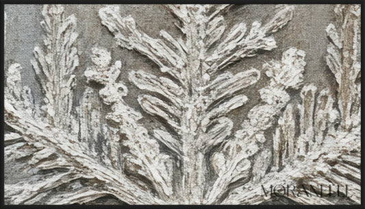 Snowflake artwork with intricate icy details on a frosted winter background - Close-up detail of the artwork with visible surface texture, small features, and clean contours.