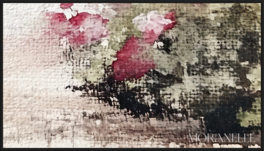 Garden scene with roses, leafy trees, and soft watercolor-style brushstrokes - Close-up detail of the artwork with visible surface texture, small features, and clean contours.
