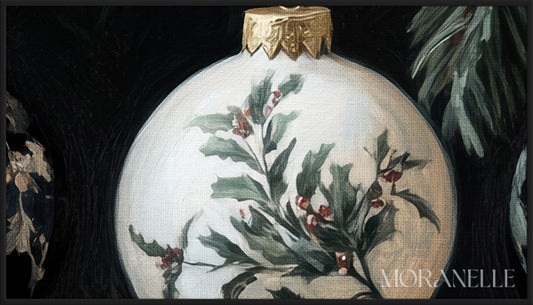 Antique-style Christmas ornaments with golden ribbons hanging from a pine branch - Close-up detail of the artwork with visible surface texture, small features, and clean contours.