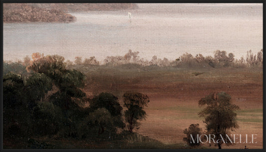 Fall Landscape with rolling hills, a lake, and a wide sky in soft muted colors - Close-up detail of the artwork with visible surface texture, small features, and clean contours.