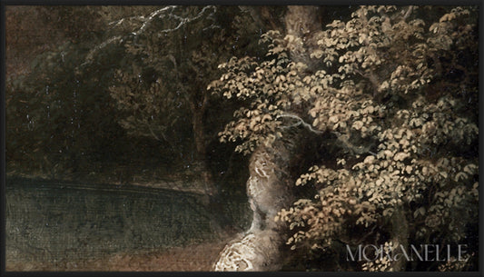 Landscape with a calm lake, and green trees painting - Close-up detail of the artwork with visible surface texture, small features, and clean contours.