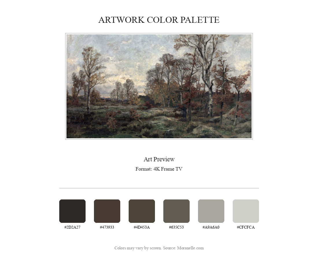 Theodore Baron, Foret de Fontainebleau Soir d Automne - curated color palette inspired by the original artwork, ideal for home decor coordination.