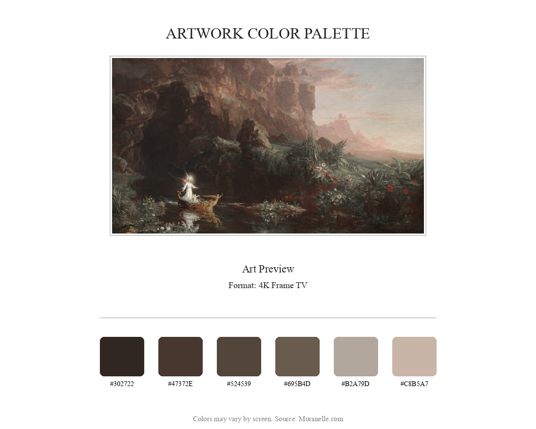 Thomas Cole, The Voyage of Life: Childhood – curated color palette inspired by the original artwork, ideal for home decor coordination.