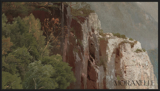 Mountain Landscape Painting details showcasing cliffs and green foliage.