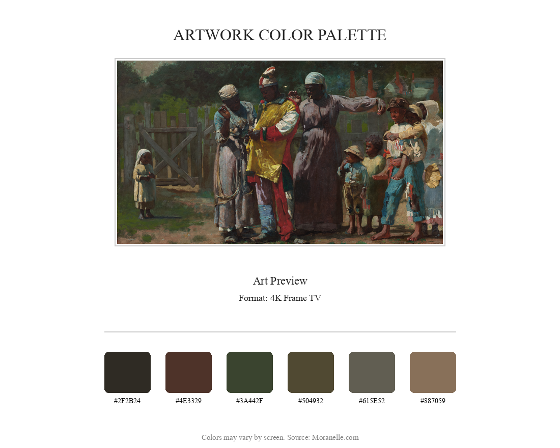 Winslow Homer Dressing for the Carnival - curated color palette inspired by the original artwork, ideal for home decor coordination.