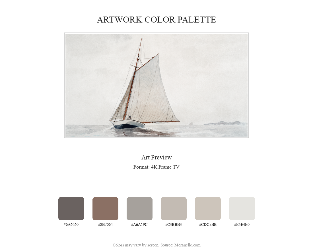 Winslow Homer, Sailing off Gloucester – curated color palette inspired by the original artwork, ideal for home decor coordination.