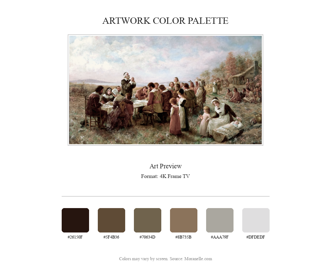 Jennie Augusta Brownscombe, The first thanksgiving at Plymouth - curated color palette inspired by the original artwork, ideal for home decor coordination.