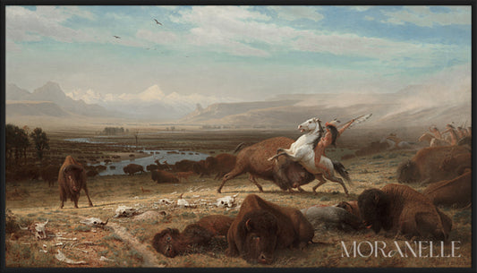 Buffalo Hunt Painting depicting a Native American warrior chasing buffalo in a vast landscape.