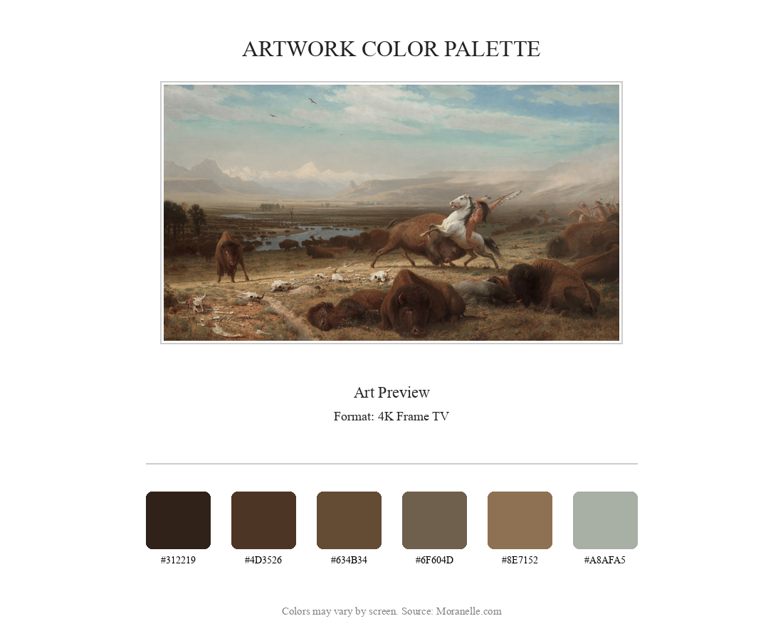 Color palette for Albert Bierstadt, Study for The Last of the Buffalo featuring earthy browns, greens, and soft blues.