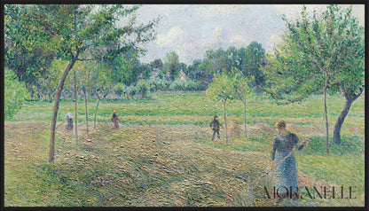 Camille Pissarro Fenaison a Eragny painting showing figures working in a green field with trees.