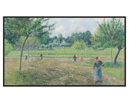 Rural Landscape Painting showing figures working in a green field with trees.