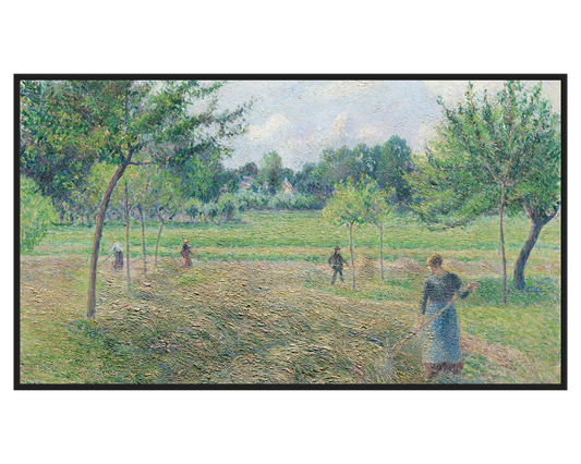 Rural Landscape Painting showing figures working in a green field with trees.