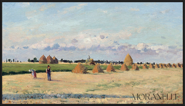 Harvest Landscape Painting showing fields with haystacks and figures under a blue sky.