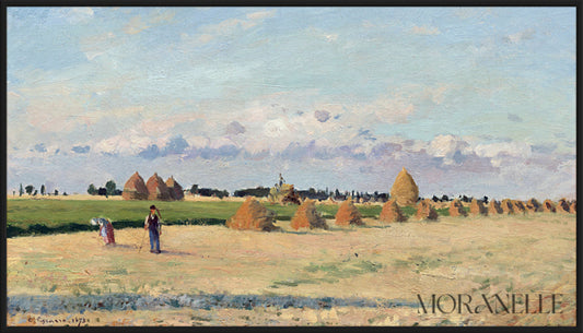 Harvest Landscape Painting showing fields with haystacks and figures under a blue sky.