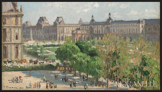 Louvre Garden Painting showing lush greenery and visitors in the foreground with historic buildings in the background.