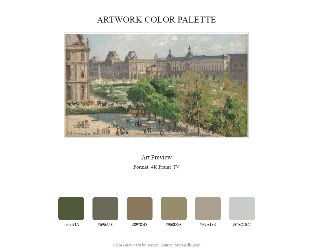Color palette featuring dominant greens, blues, and earthy tones from the garden scene.