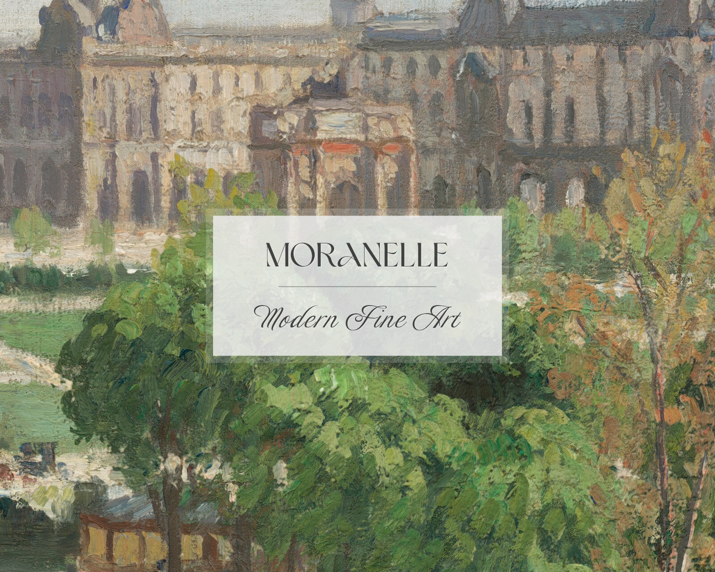 Close-up of the painting highlighting the vibrant greens of the trees and the texture of the brush strokes.