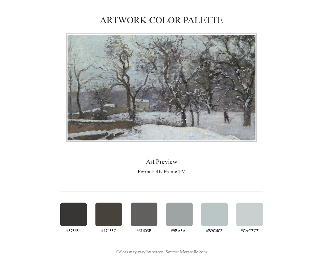 Camille Pissarro Snow at Louveciennes - curated color palette inspired by the original artwork, ideal for home decor coordination.